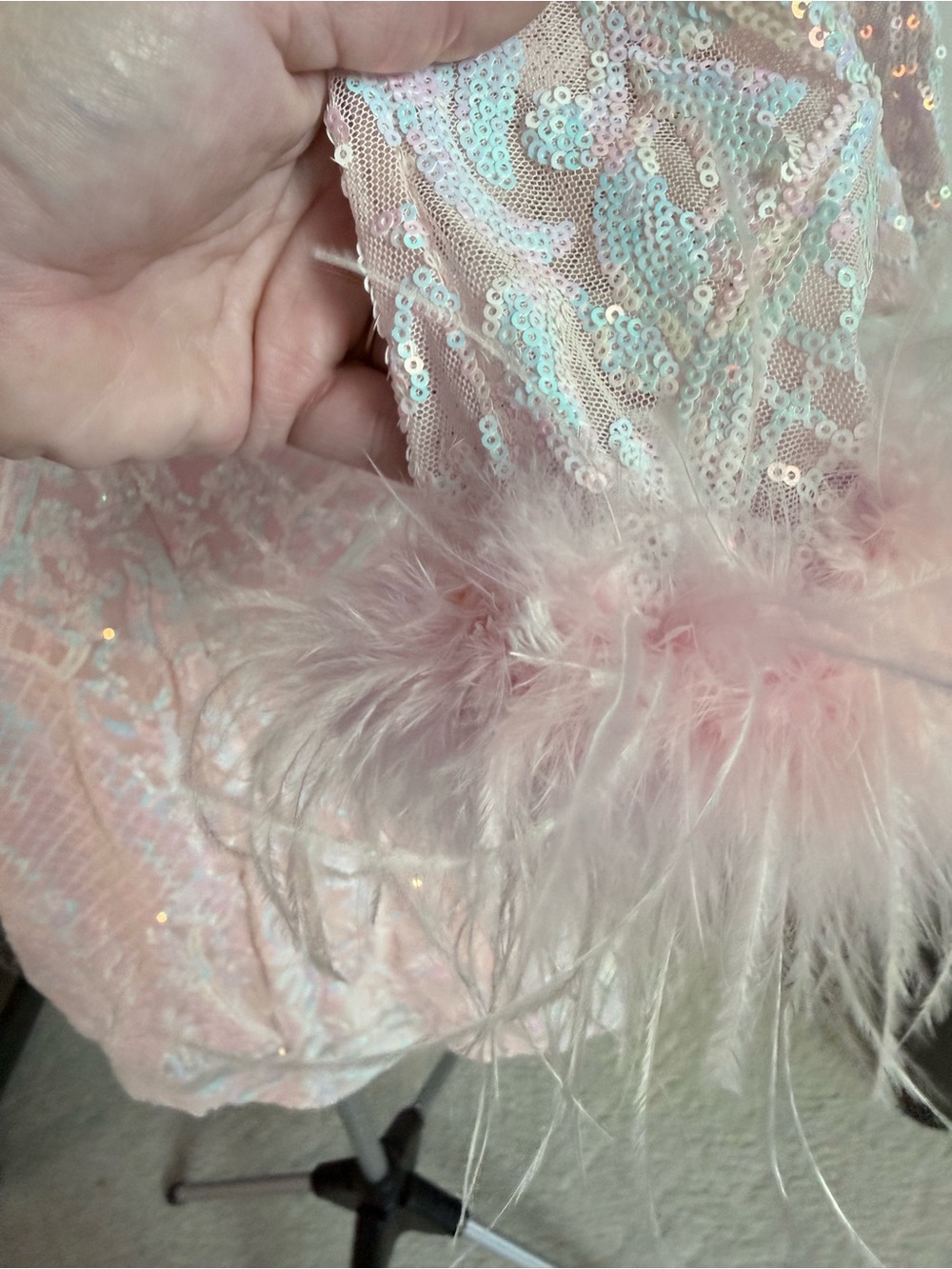 Blondie Nites Iridescent Pink Sequin Mini Dress sz 7 sheer feather cuff sleeves - Picture 14 of 16